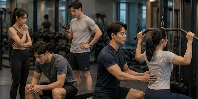 트레이너가 PT 회원을 지도하는 동안 주변 일반회원들이 도움을 기다리거나 혼자 고민하는 헬스장 모습