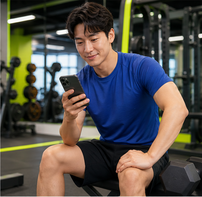 회원이 헬스장에서 스마트폰으로 자신의 운동 루틴을 확인하는 모습