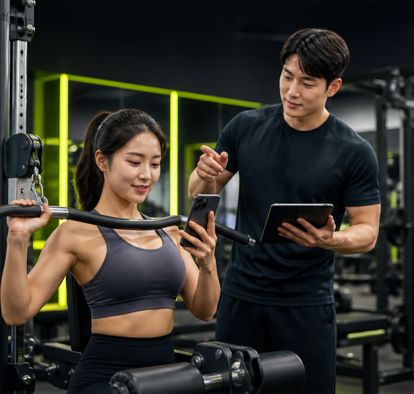 비PT 회원이 개인 루틴을 확인하며 운동하고 트레이너가 태블릿을 보며 짧게 지도하는 모습